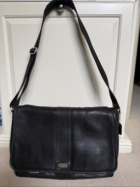 Coach Black Leather Messenger Bag with Adjustable Strap